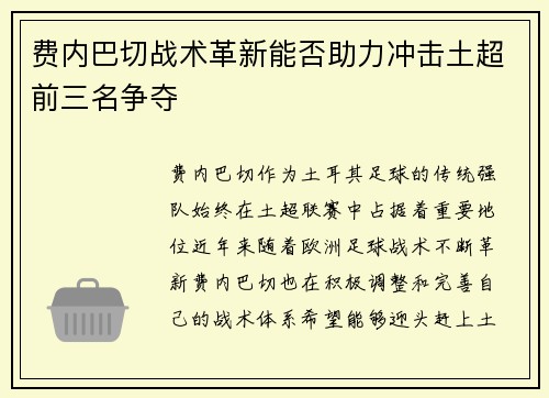 费内巴切战术革新能否助力冲击土超前三名争夺
