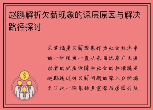 赵鹏解析欠薪现象的深层原因与解决路径探讨